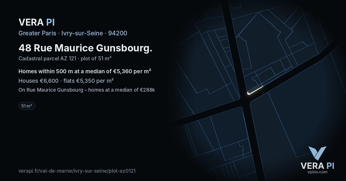 48 Rue Maurice Gunsbourg, Ivry-sur-Seine at night – the plot lit, the parcels around coloured by the prices near them