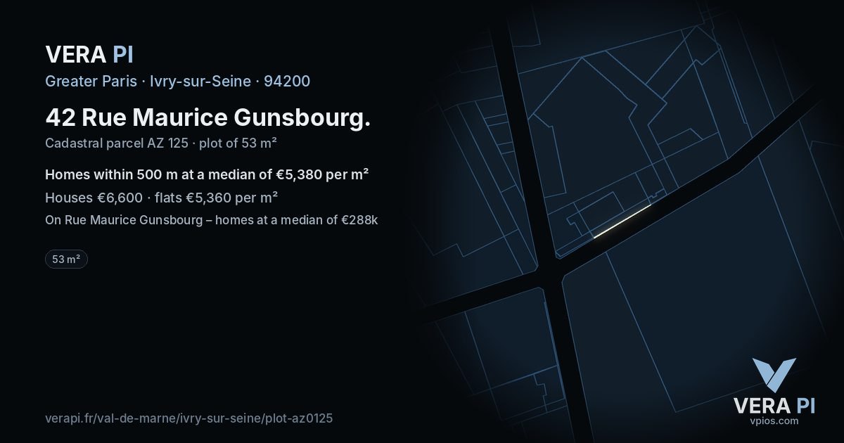 42 Rue Maurice Gunsbourg, Ivry-sur-Seine at night – the plot lit, the parcels around coloured by the prices near them