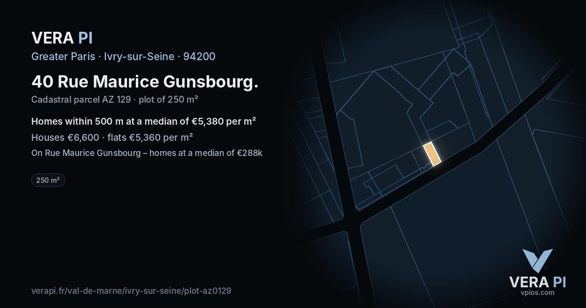 40 Rue Maurice Gunsbourg, Ivry-sur-Seine at night – the plot lit, the parcels around coloured by the prices near them