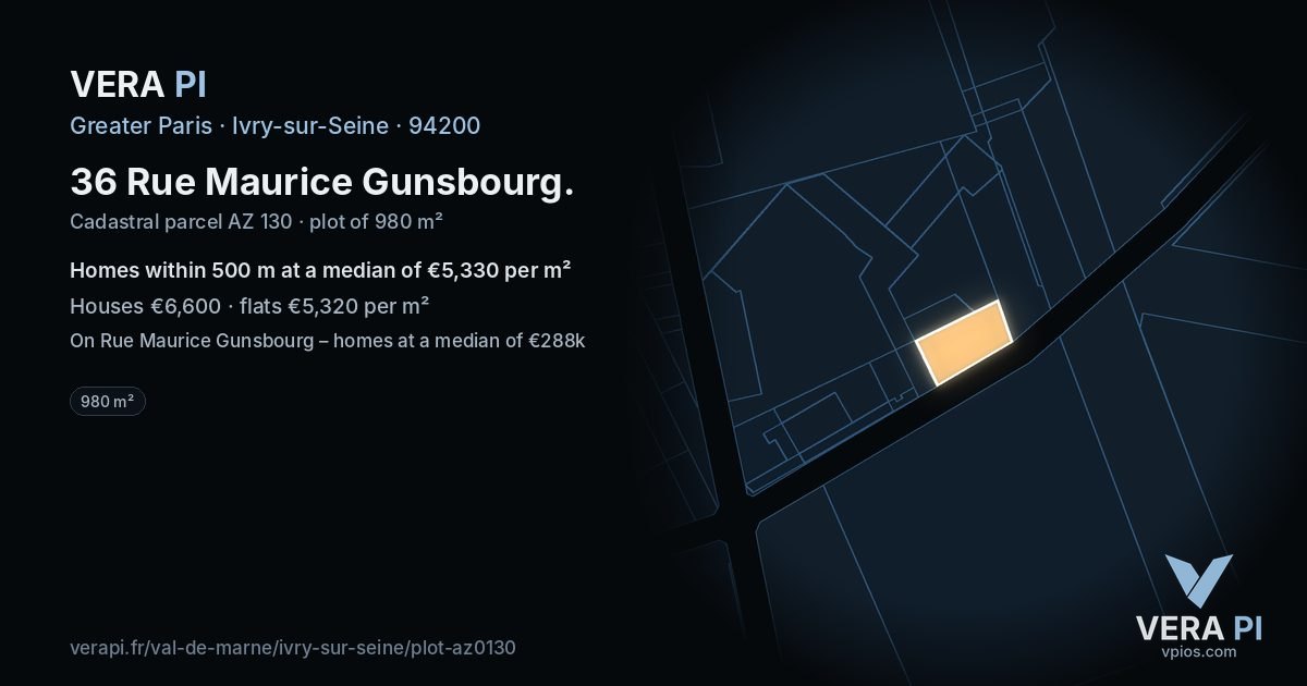 36 Rue Maurice Gunsbourg, Ivry-sur-Seine at night – the plot lit, the parcels around coloured by the prices near them