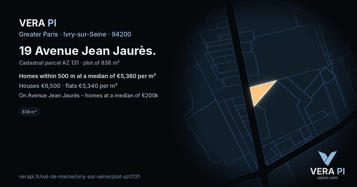 19 Avenue Jean Jaurès, Ivry-sur-Seine at night – the plot lit, the parcels around coloured by the prices near them