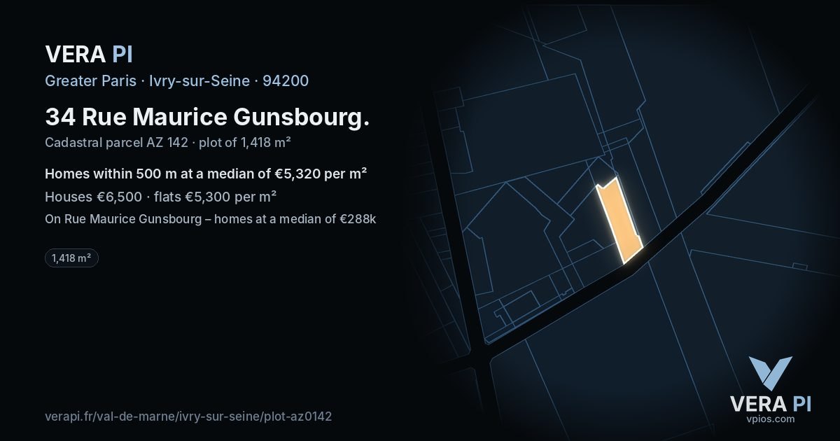 34 Rue Maurice Gunsbourg, Ivry-sur-Seine at night – the plot lit, the parcels around coloured by the prices near them