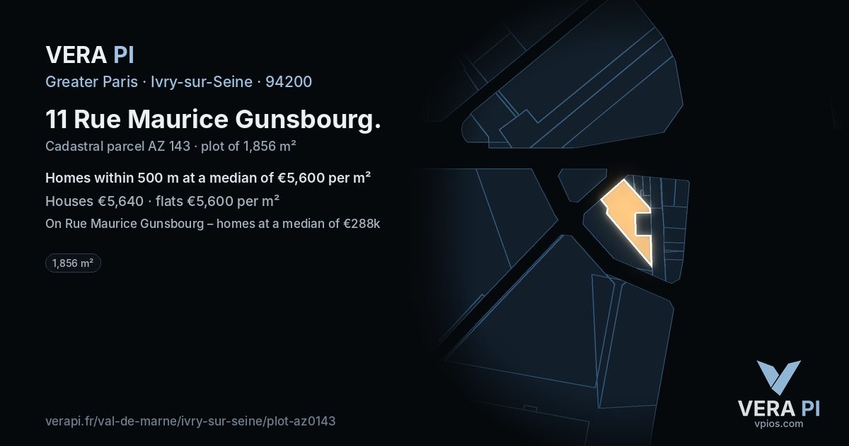11 Rue Maurice Gunsbourg, Ivry-sur-Seine at night – the plot lit, the parcels around coloured by the prices near them