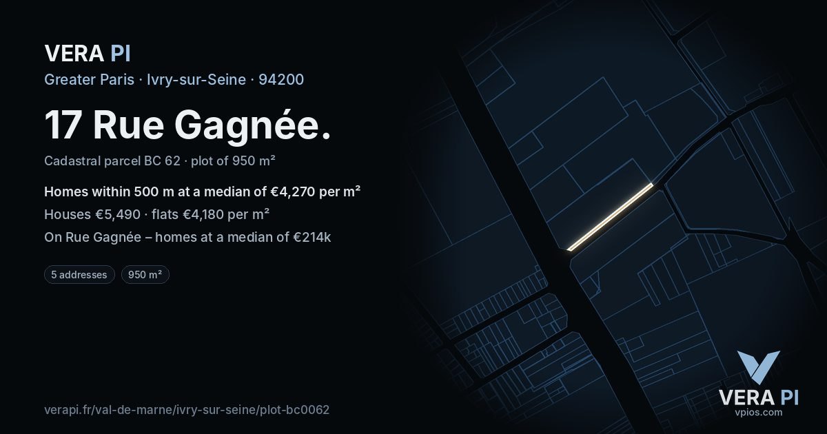 17 Rue Gagnée, Ivry-sur-Seine at night – the plot lit, the parcels around coloured by the prices near them