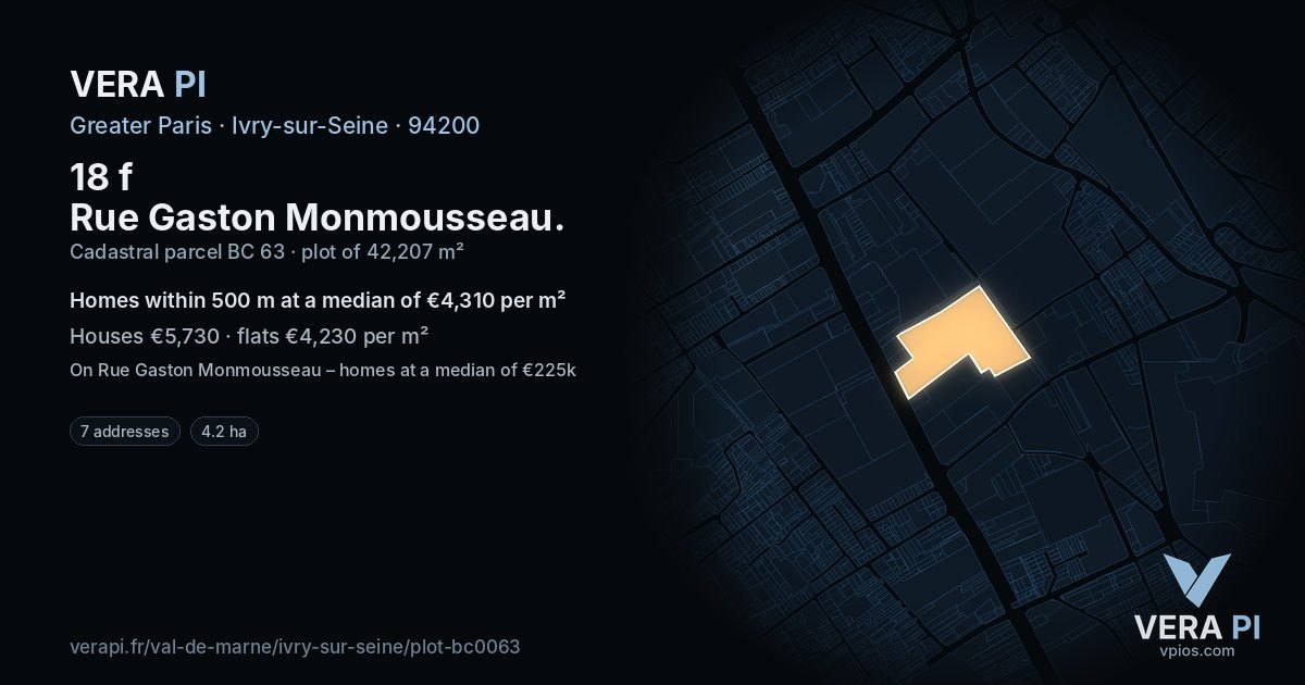 18 f Rue Gaston Monmousseau, Ivry-sur-Seine at night – the plot lit, the parcels around coloured by the prices near them