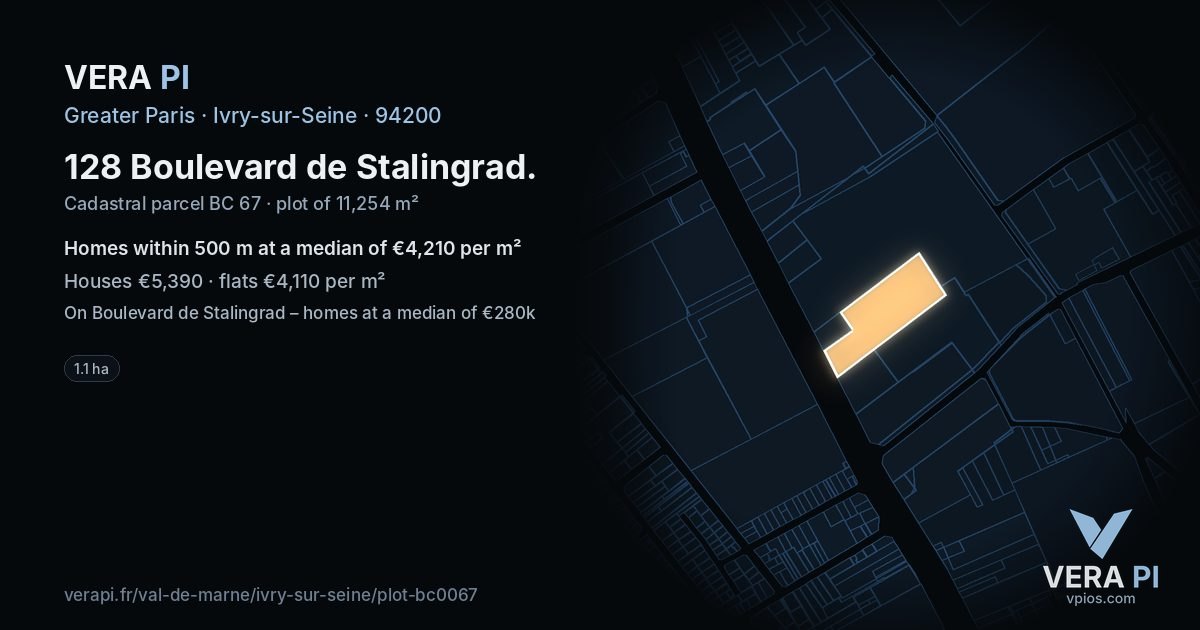 128 Boulevard de Stalingrad, Ivry-sur-Seine at night – the plot lit, the parcels around coloured by the prices near them