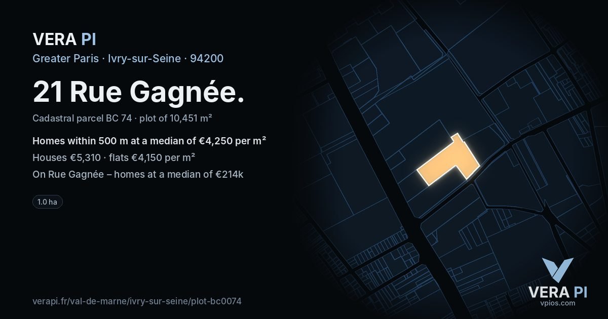 21 Rue Gagnée, Ivry-sur-Seine at night – the plot lit, the parcels around coloured by the prices near them