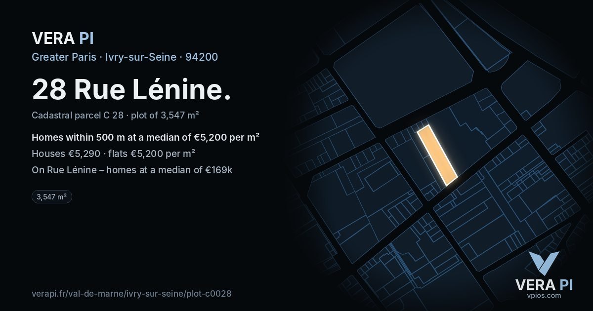 28 Rue Lénine, Ivry-sur-Seine at night – the plot lit, the parcels around coloured by the prices near them