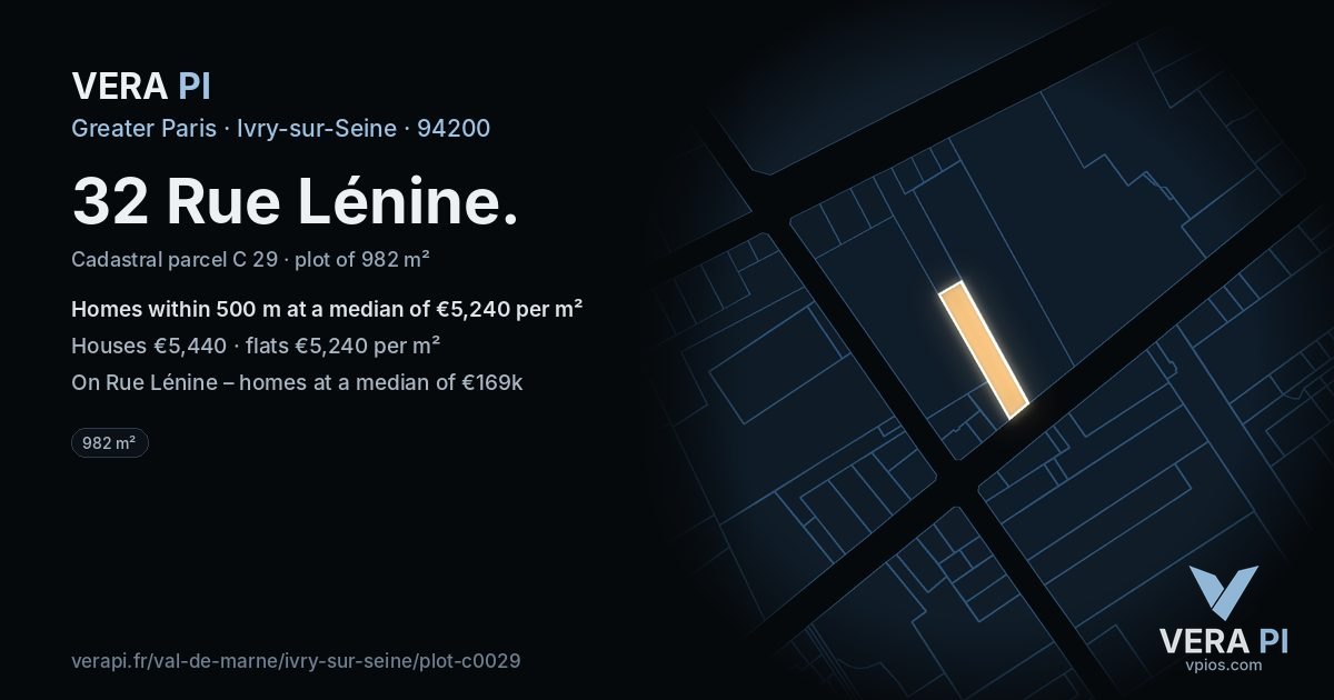 32 Rue Lénine, Ivry-sur-Seine at night – the plot lit, the parcels around coloured by the prices near them