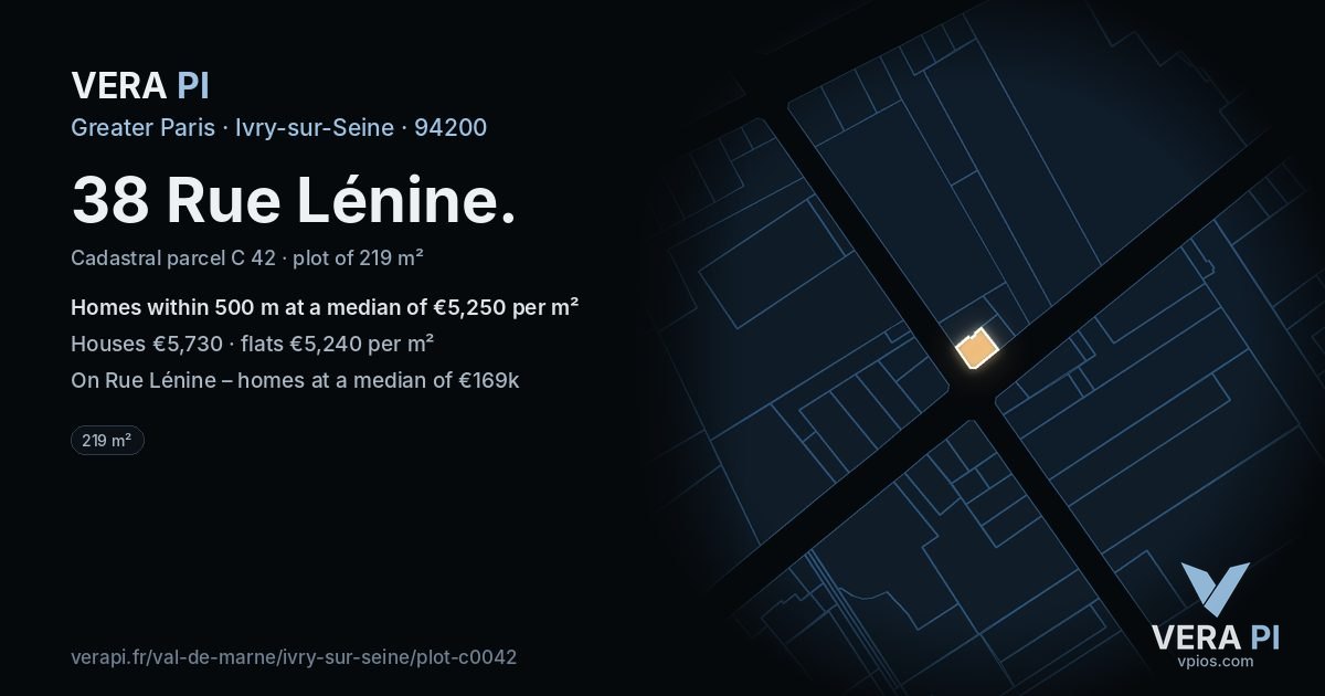 38 Rue Lénine, Ivry-sur-Seine at night – the plot lit, the parcels around coloured by the prices near them