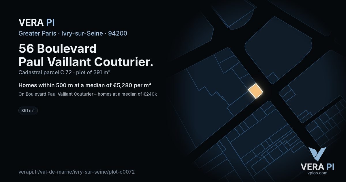 56 Boulevard Paul Vaillant Couturier, Ivry-sur-Seine at night – the plot lit, the parcels around coloured by the prices near them