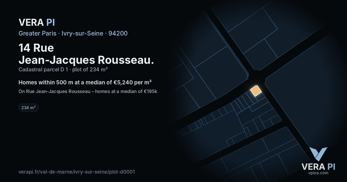 14 Rue Jean-Jacques Rousseau, Ivry-sur-Seine at night – the plot lit, the parcels around coloured by the prices near them