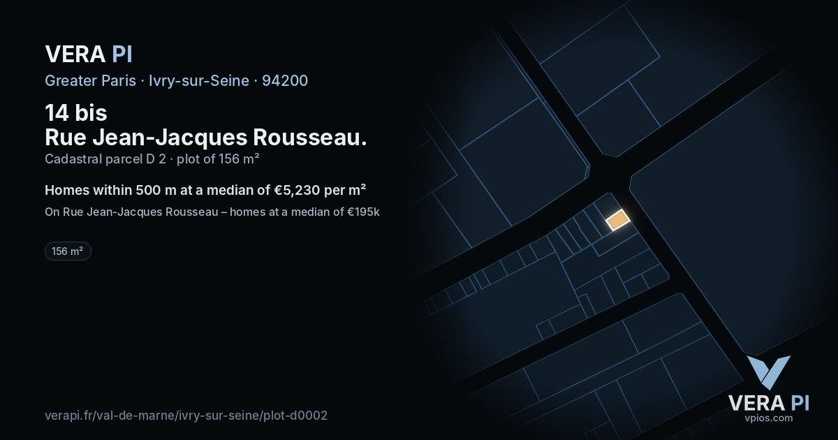 14 bis Rue Jean-Jacques Rousseau, Ivry-sur-Seine at night – the plot lit, the parcels around coloured by the prices near them