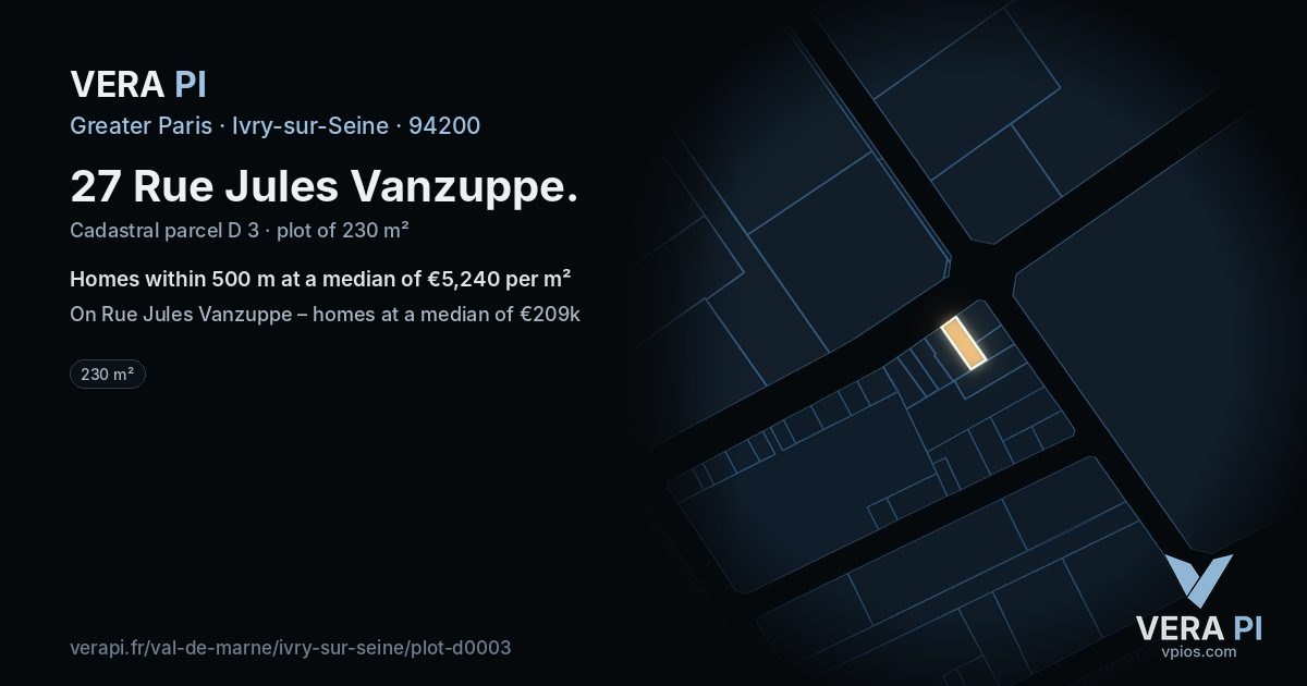 27 Rue Jules Vanzuppe, Ivry-sur-Seine at night – the plot lit, the parcels around coloured by the prices near them