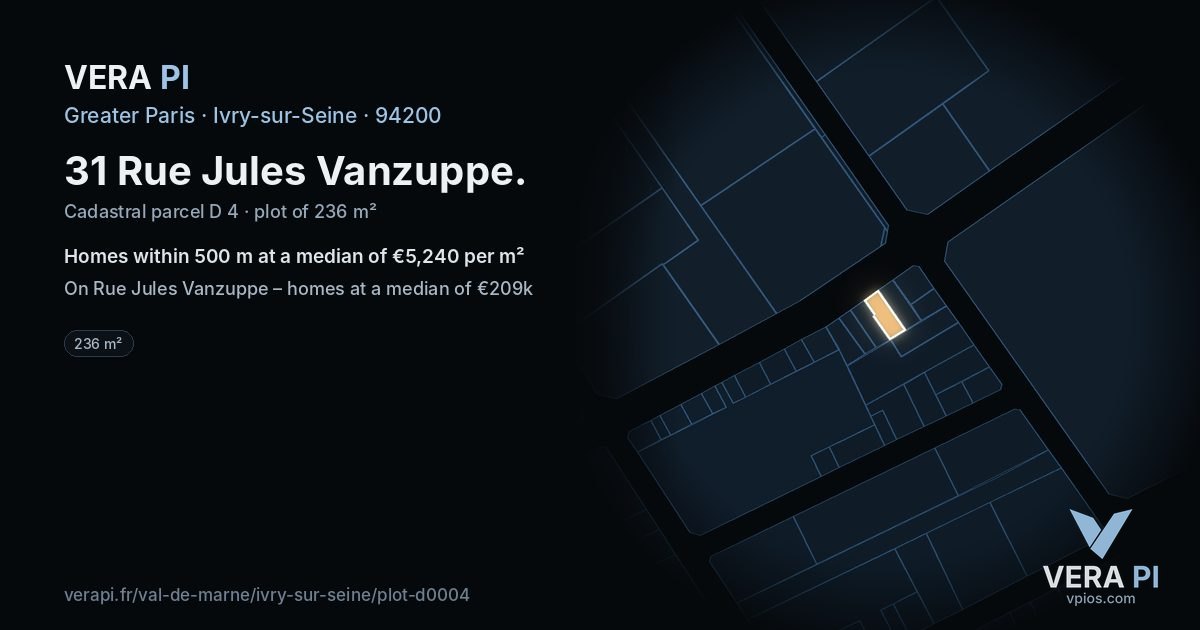 31 Rue Jules Vanzuppe, Ivry-sur-Seine at night – the plot lit, the parcels around coloured by the prices near them