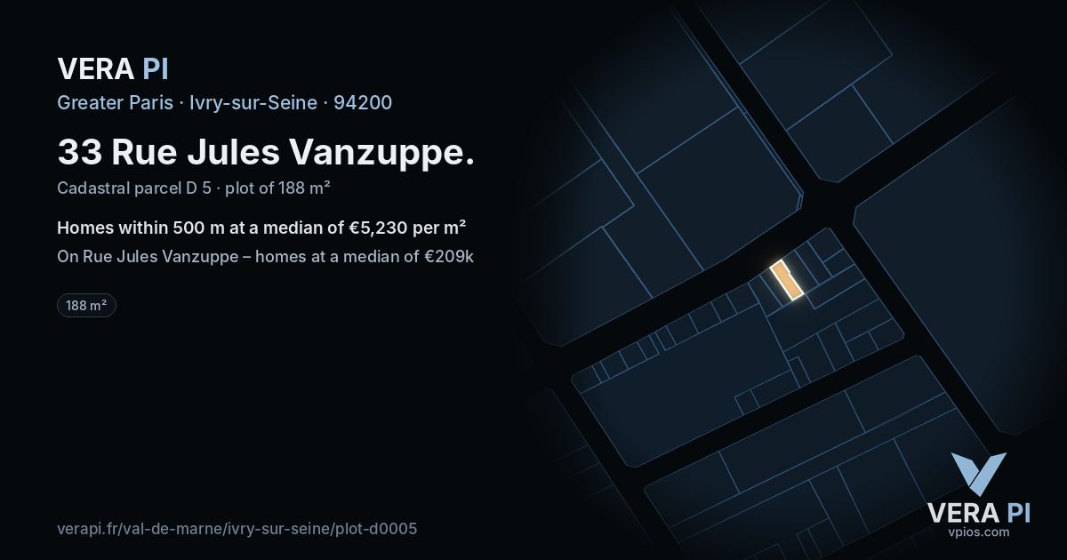 33 Rue Jules Vanzuppe, Ivry-sur-Seine at night – the plot lit, the parcels around coloured by the prices near them