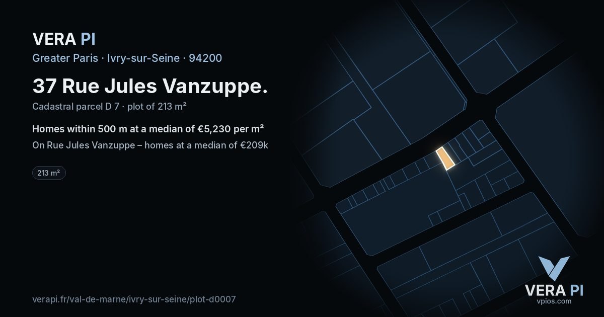37 Rue Jules Vanzuppe, Ivry-sur-Seine at night – the plot lit, the parcels around coloured by the prices near them