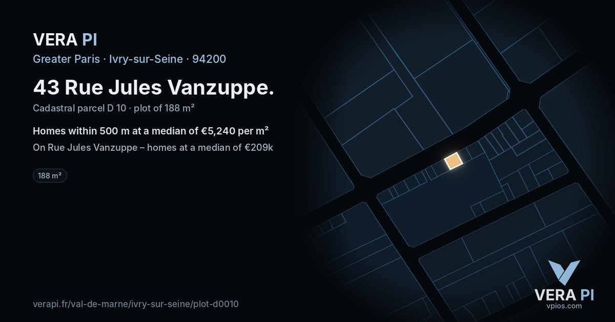 43 Rue Jules Vanzuppe, Ivry-sur-Seine at night – the plot lit, the parcels around coloured by the prices near them