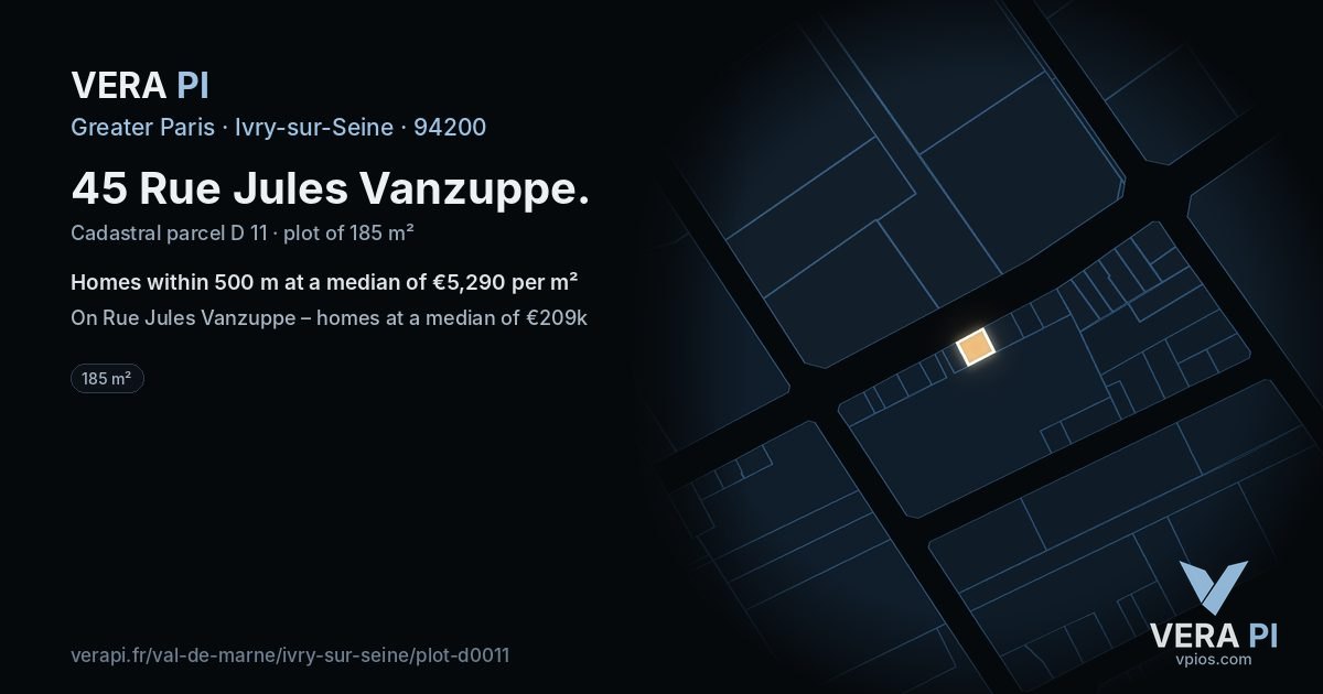45 Rue Jules Vanzuppe, Ivry-sur-Seine at night – the plot lit, the parcels around coloured by the prices near them