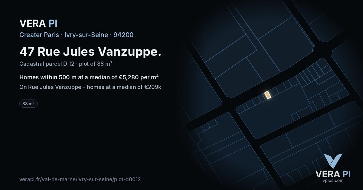 47 Rue Jules Vanzuppe, Ivry-sur-Seine at night – the plot lit, the parcels around coloured by the prices near them
