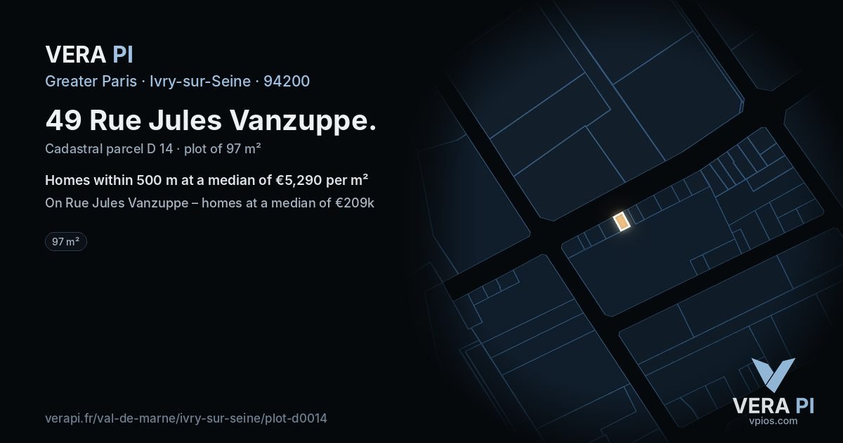 49 Rue Jules Vanzuppe, Ivry-sur-Seine at night – the plot lit, the parcels around coloured by the prices near them