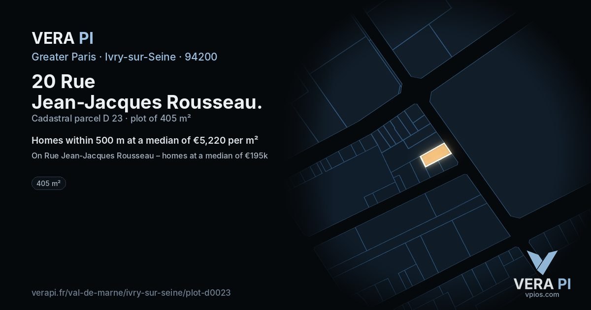 20 Rue Jean-Jacques Rousseau, Ivry-sur-Seine at night – the plot lit, the parcels around coloured by the prices near them