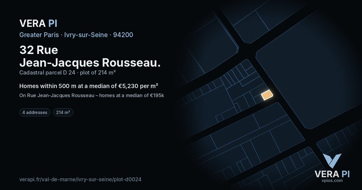 32 Rue Jean-Jacques Rousseau, Ivry-sur-Seine at night – the plot lit, the parcels around coloured by the prices near them