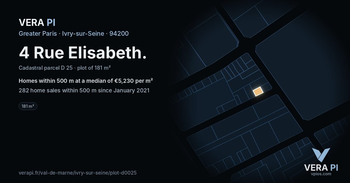 4 Rue Elisabeth, Ivry-sur-Seine at night – the plot lit, the parcels around coloured by the prices near them