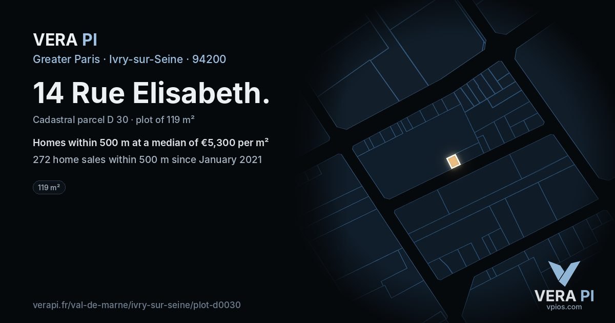 14 Rue Elisabeth, Ivry-sur-Seine at night – the plot lit, the parcels around coloured by the prices near them