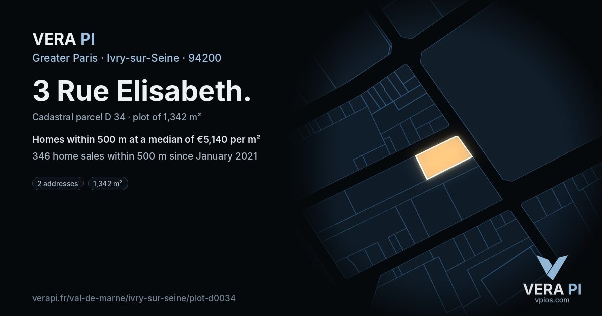 3 Rue Elisabeth, Ivry-sur-Seine at night – the plot lit, the parcels around coloured by the prices near them