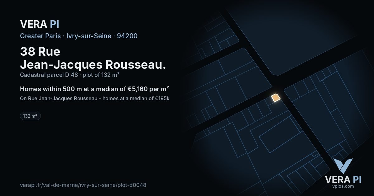 38 Rue Jean-Jacques Rousseau, Ivry-sur-Seine at night – the plot lit, the parcels around coloured by the prices near them