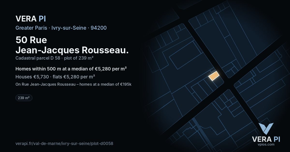 50 Rue Jean-Jacques Rousseau, Ivry-sur-Seine at night – the plot lit, the parcels around coloured by the prices near them
