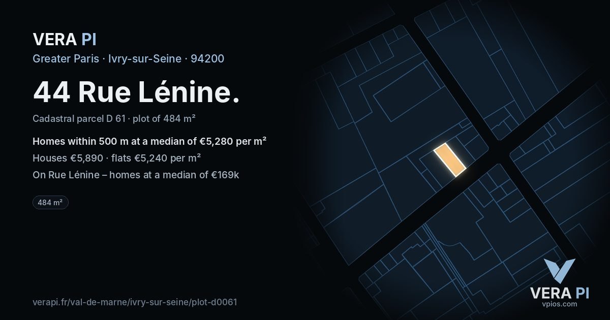 44 Rue Lénine, Ivry-sur-Seine at night – the plot lit, the parcels around coloured by the prices near them