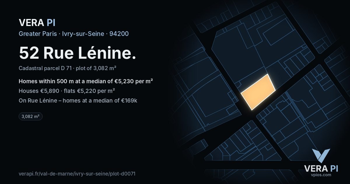 52 Rue Lénine, Ivry-sur-Seine at night – the plot lit, the parcels around coloured by the prices near them