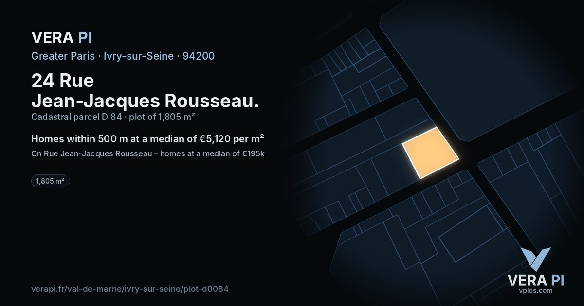 24 Rue Jean-Jacques Rousseau, Ivry-sur-Seine at night – the plot lit, the parcels around coloured by the prices near them