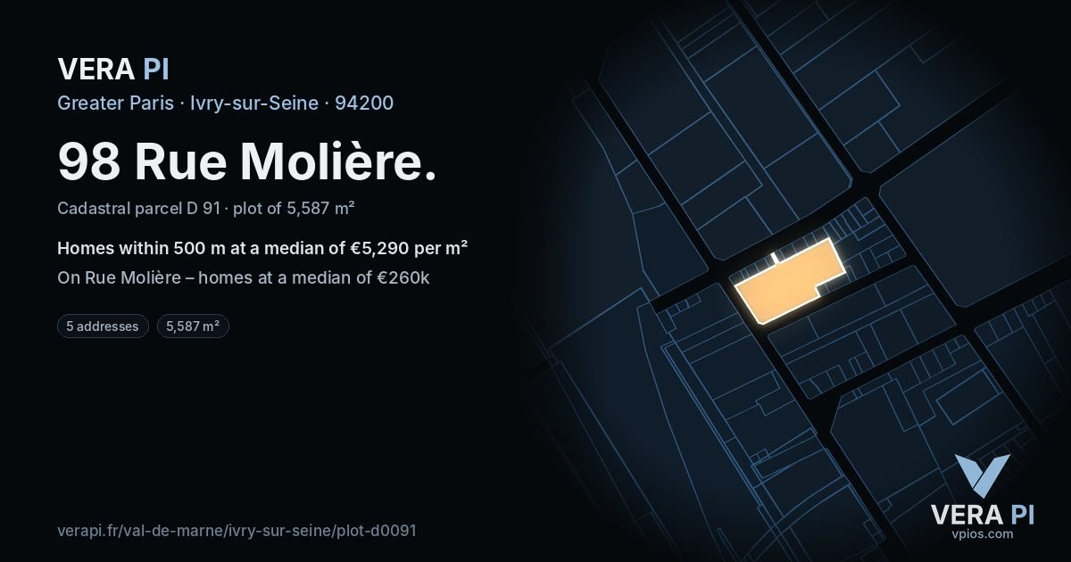 98 Rue Molière, Ivry-sur-Seine at night – the plot lit, the parcels around coloured by the prices near them