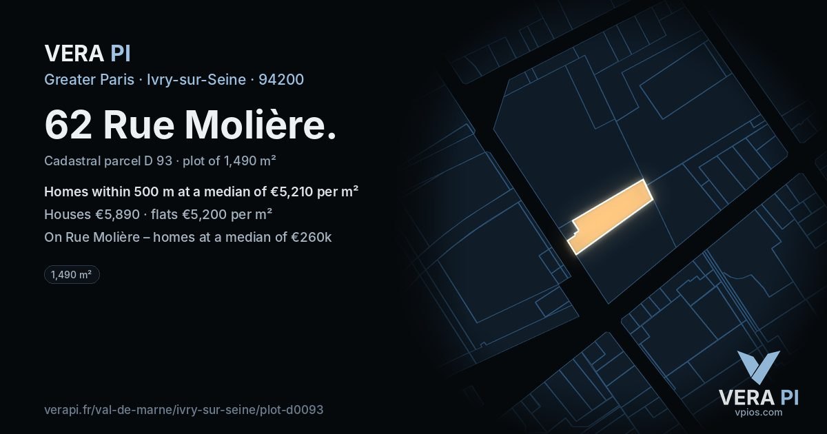62 Rue Molière, Ivry-sur-Seine at night – the plot lit, the parcels around coloured by the prices near them