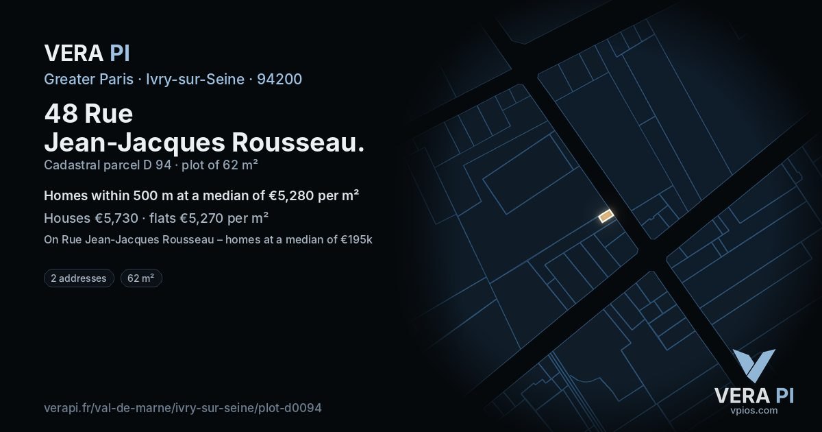 48 Rue Jean-Jacques Rousseau, Ivry-sur-Seine at night – the plot lit, the parcels around coloured by the prices near them