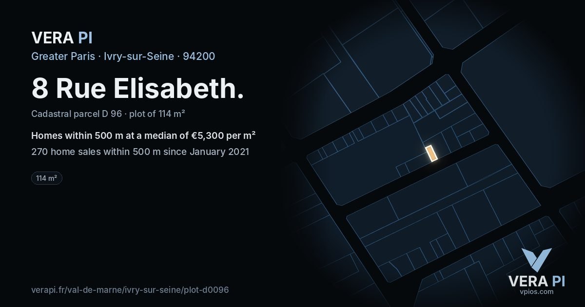 8 Rue Elisabeth, Ivry-sur-Seine at night – the plot lit, the parcels around coloured by the prices near them