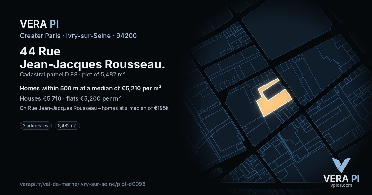44 Rue Jean-Jacques Rousseau, Ivry-sur-Seine at night – the plot lit, the parcels around coloured by the prices near them