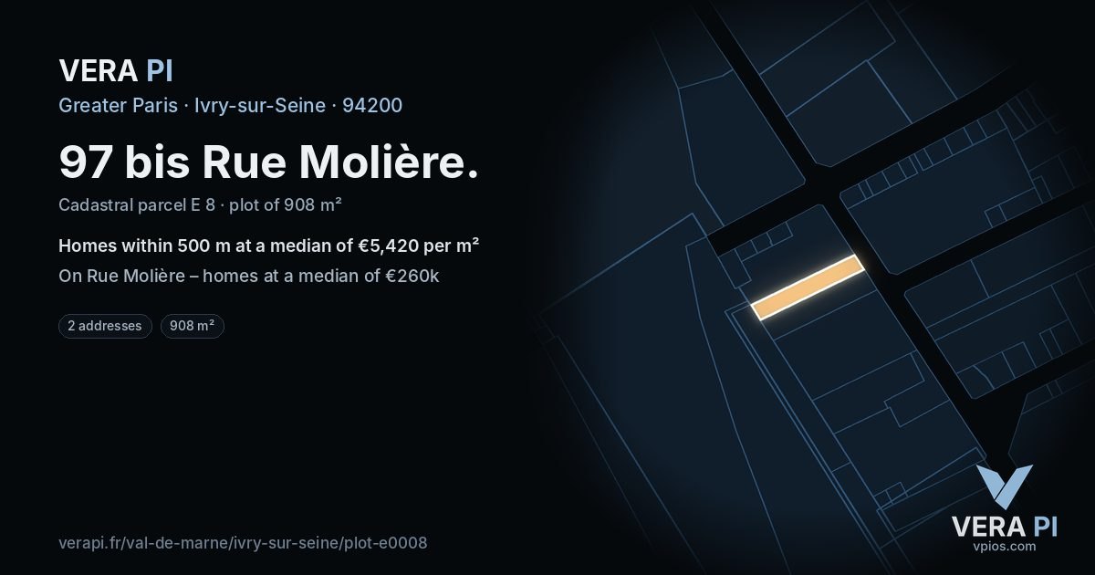 97 bis Rue Molière, Ivry-sur-Seine at night – the plot lit, the parcels around coloured by the prices near them