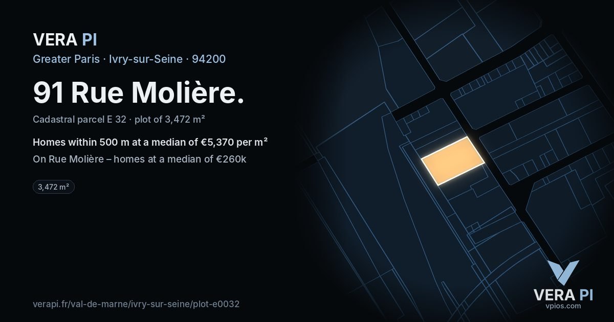 91 Rue Molière, Ivry-sur-Seine at night – the plot lit, the parcels around coloured by the prices near them