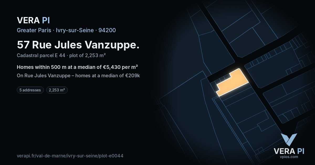 57 Rue Jules Vanzuppe, Ivry-sur-Seine at night – the plot lit, the parcels around coloured by the prices near them