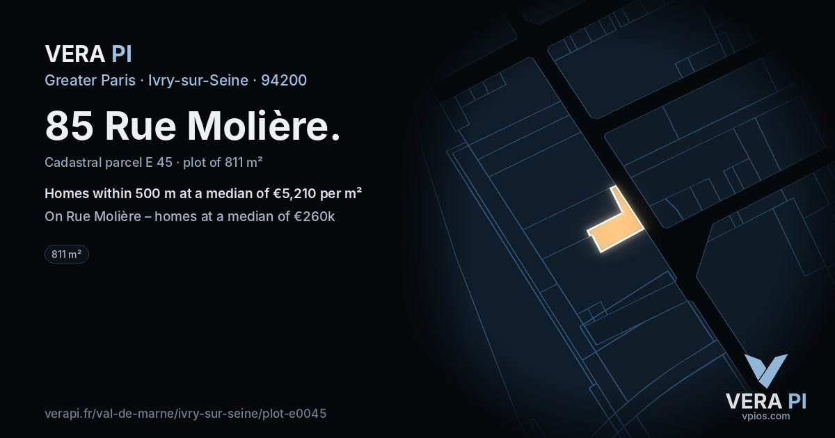 85 Rue Molière, Ivry-sur-Seine at night – the plot lit, the parcels around coloured by the prices near them