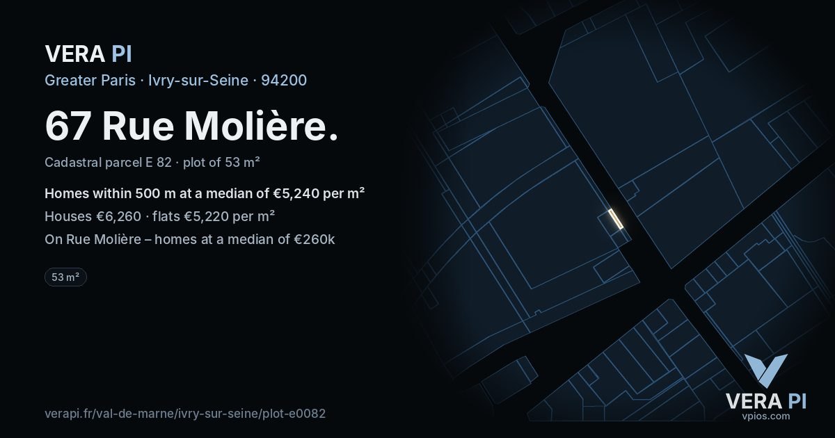 67 Rue Molière, Ivry-sur-Seine at night – the plot lit, the parcels around coloured by the prices near them