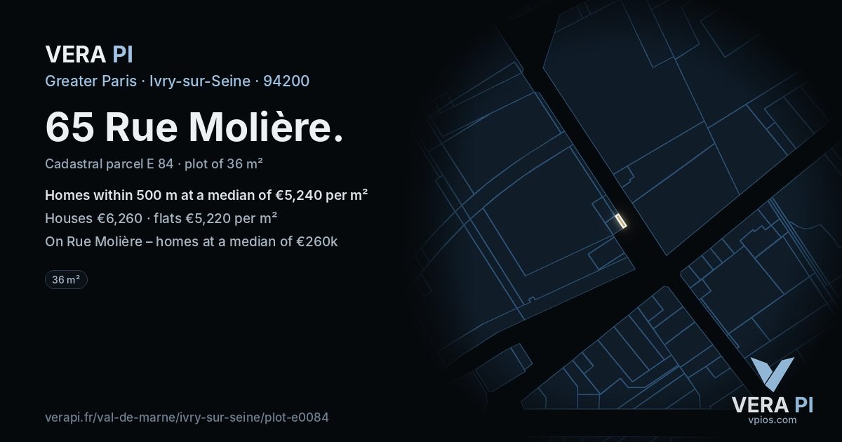65 Rue Molière, Ivry-sur-Seine at night – the plot lit, the parcels around coloured by the prices near them