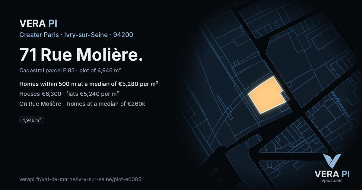 71 Rue Molière, Ivry-sur-Seine at night – the plot lit, the parcels around coloured by the prices near them