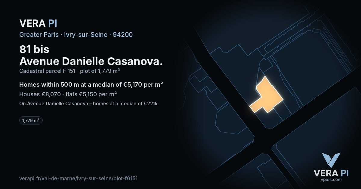 81 bis Avenue Danielle Casanova, Ivry-sur-Seine at night – the plot lit, the parcels around coloured by the prices near them
