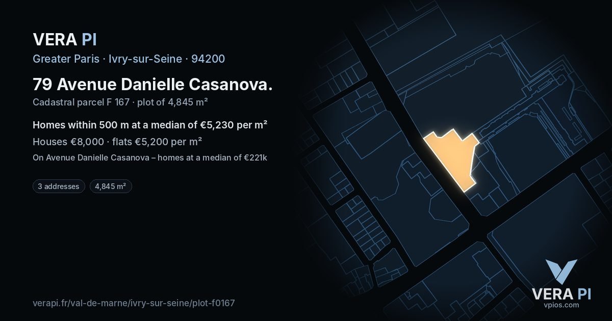 79 Avenue Danielle Casanova, Ivry-sur-Seine at night – the plot lit, the parcels around coloured by the prices near them