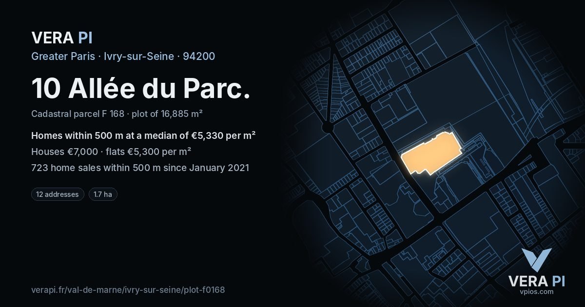 10 Allée du Parc, Ivry-sur-Seine at night – the plot lit, the parcels around coloured by the prices near them